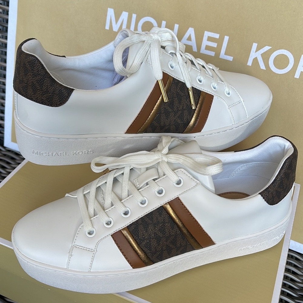 Michael Kors Poppy Stripe Lace Up Nappa Faux Leather WMNS Optic White/Brown - Picture 11 of 16